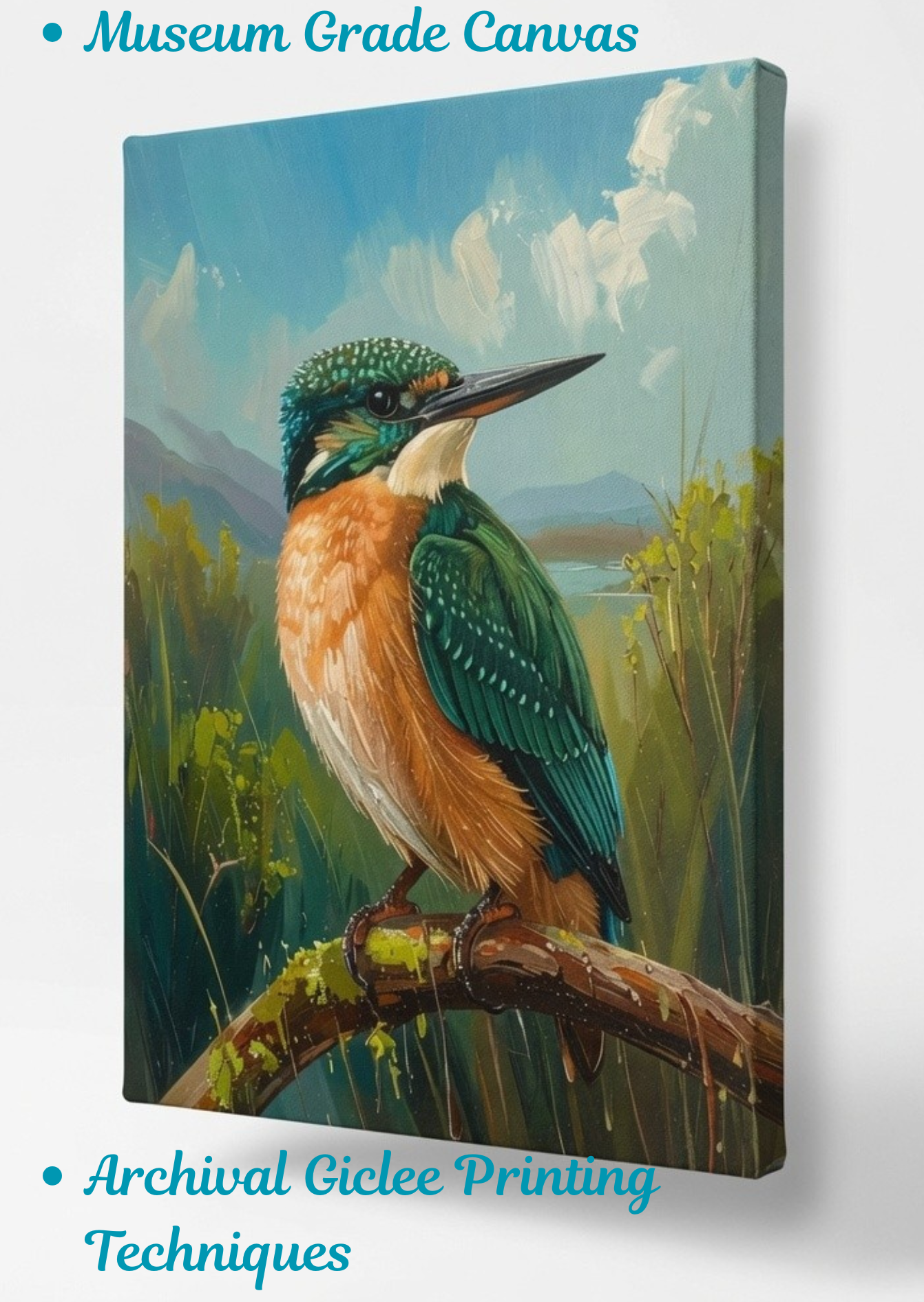 Kingfisher Bird Canvas Wall Art - Textured Impasto Nature Landscape Painting Print