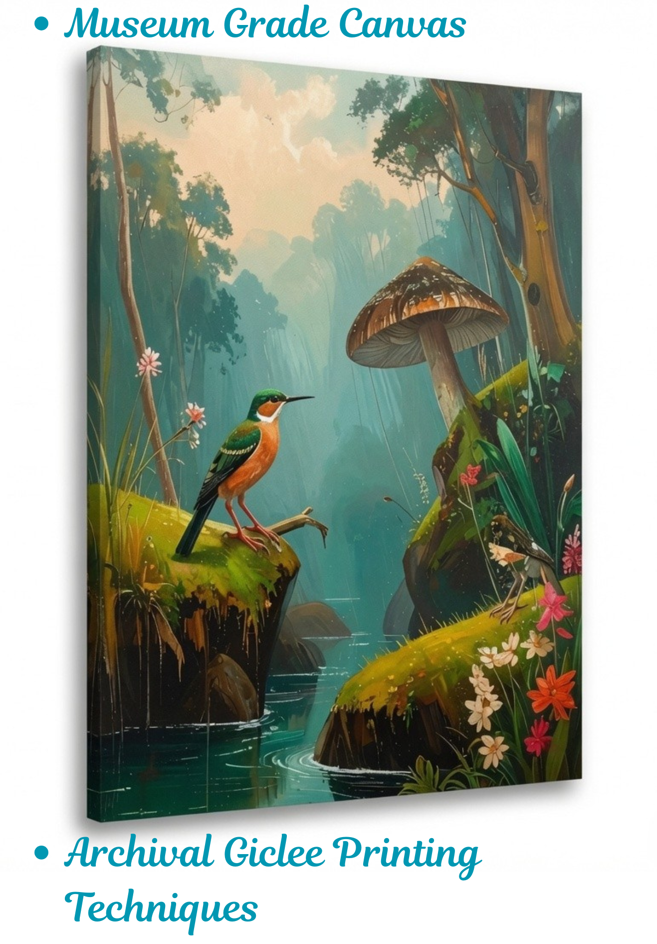 Enchanted Forest Mushroom Canvas Wall Art - Textured Woodlands Painting Print with Kingfisher & River