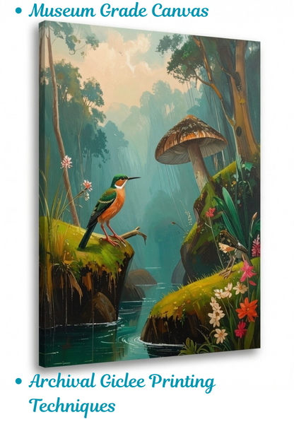 Enchanted Forest Mushroom Canvas Wall Art - Textured Woodlands Painting Print with Kingfisher & River