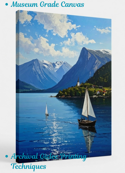 Nordic Fjord Sailboat Canvas Wall Art - Textured Alpine Mountain Lake Painting Print
