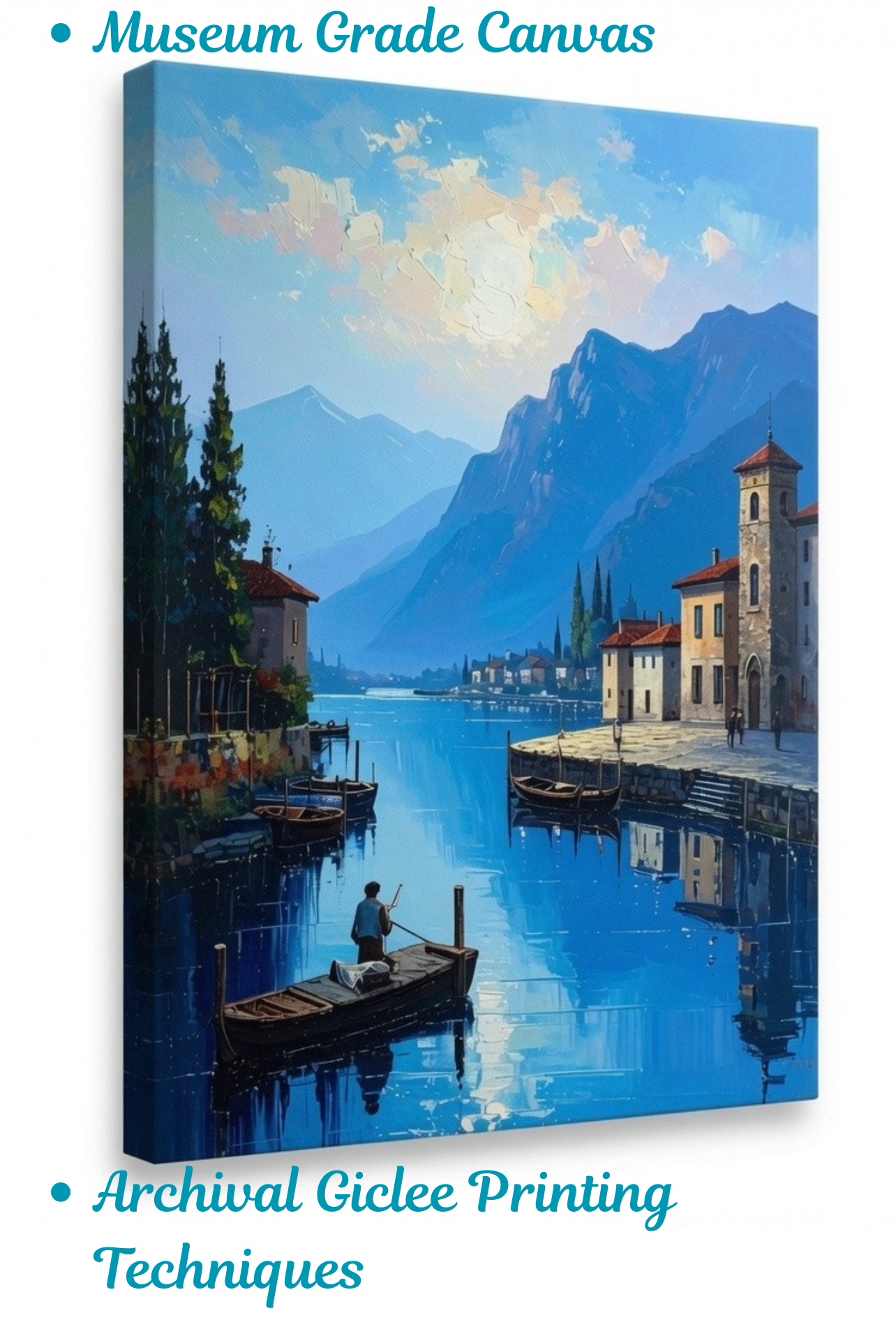 Italian Lake Village Canvas Wall Art - Textured Alpine Coastal Painting Print with Boats, Gallery Wrapped European Coastal Decor for Living Room