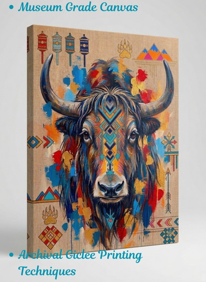 Abstract Tribal Tibetan Yak Canvas Wall Art - Textured Impasto Southwestern Buffalo Painting Print