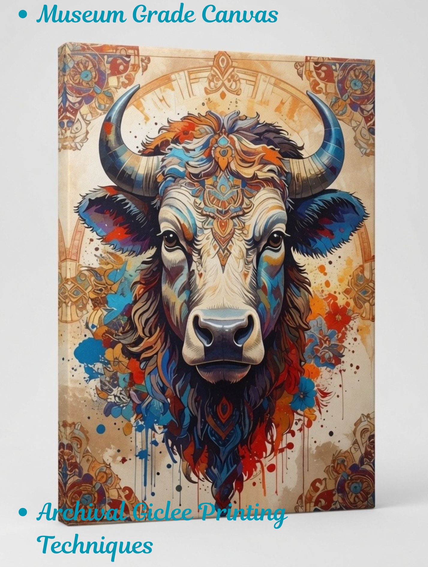 Abstract Colorful Bull Canvas Wall Art - Textured Impasto Western Longhorn Painting Print with Floral & Geometric Border