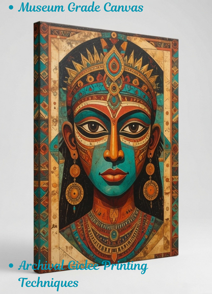 Abstract African Tribal Goddess Canvas Wall Art - Heritage Egyptian Queen Portrait Painting Print with Geometric Border