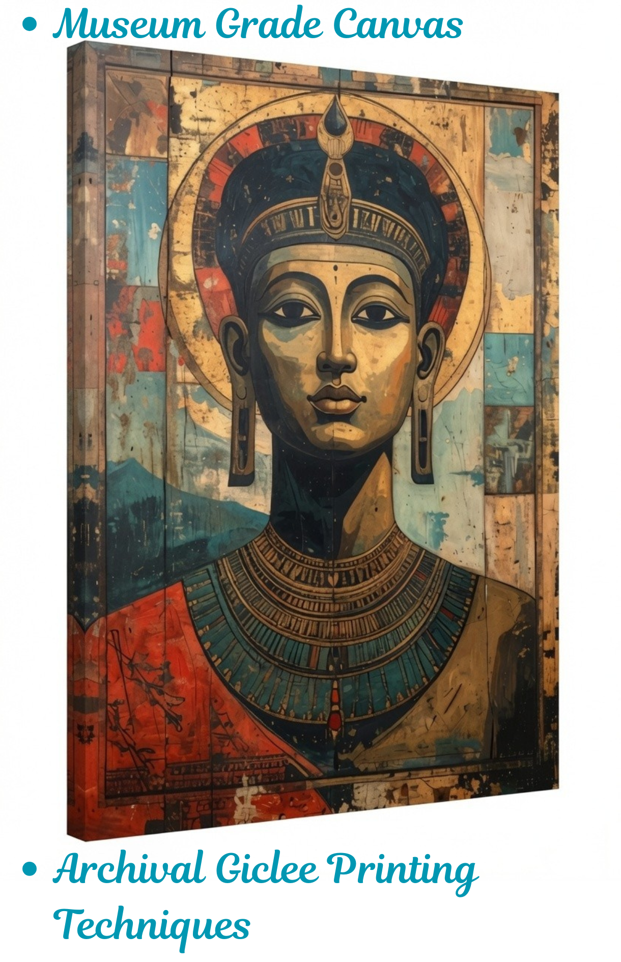 Ancient Egyptian Nefertiti Pharaoh Canvas Wall Art - Textured Gold Leaf Portrait Painting Print with Halo
