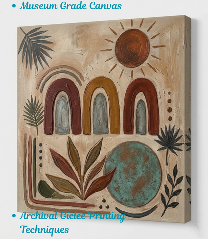 Minimalist Abstract Rainbow & Sun Canvas Wall Art - Textured Impasto Boho Terracotta Painting Print with Palm Leaves