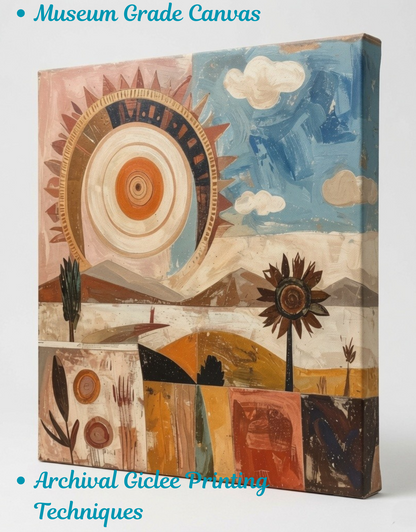 Abstract Sun & Sunflower Landscape Canvas Wall Art - Textured Impasto Boho Celestial Painting Print