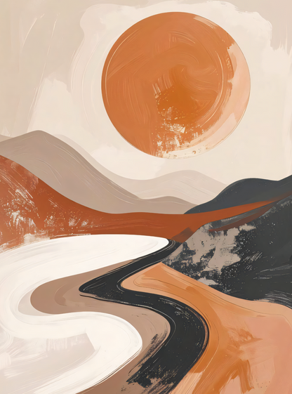 Minimalist Abstract Boho Landscape Canvas Wall Art Set of 3 - Textured Impasto Terracotta Sun & Desert Mountain Painting Prints