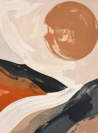 Minimalist Abstract Boho Landscape Canvas Wall Art Set of 3 - Textured Impasto Terracotta Sun & Desert Mountain Painting Prints