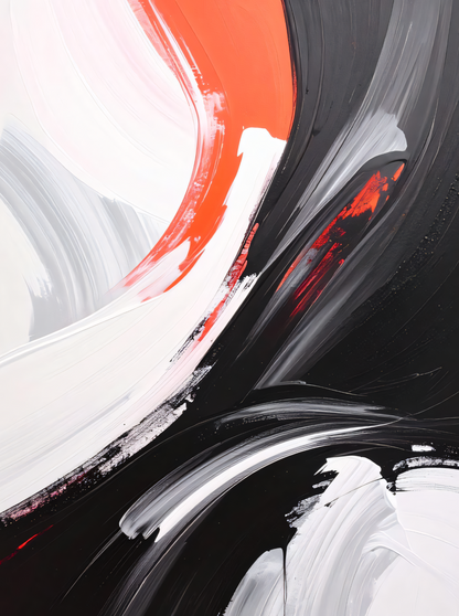 Modern Abstract Brushstroke Canvas Print Set of 2 - Black White & Coral Red Wall Decor