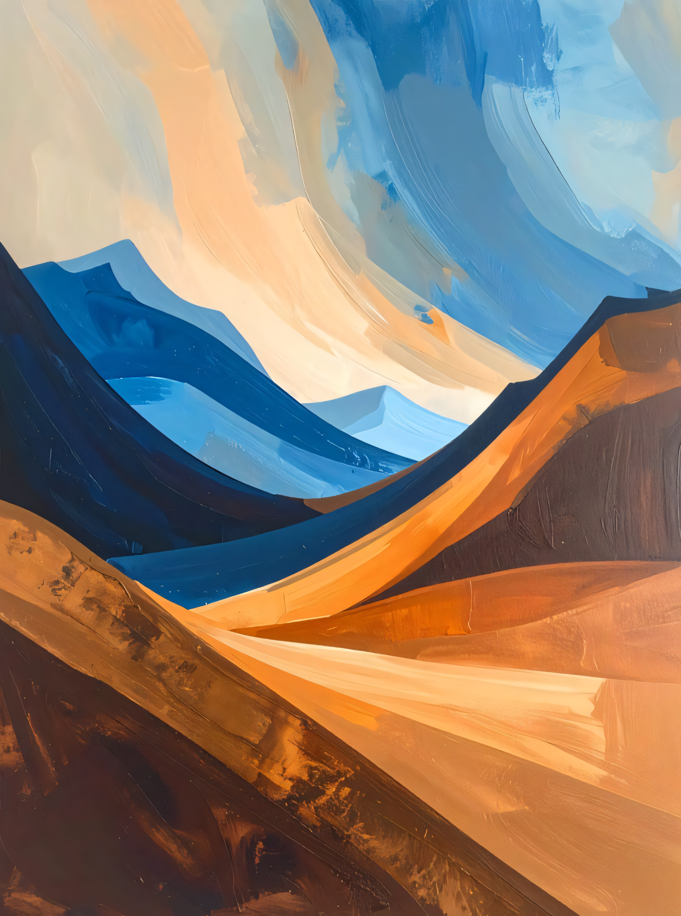 Abstract Mountain Landscape Canvas Print Set of 2 - Ochre & Cobalt Blue Canyon Wall Decor