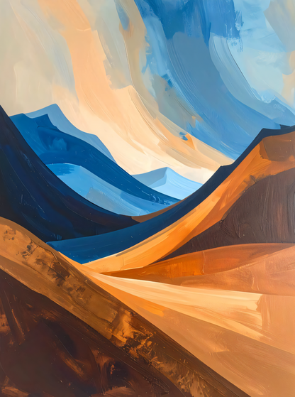 Abstract Mountain Landscape Canvas Print Set of 2 - Ochre & Cobalt Blue Canyon Wall Decor