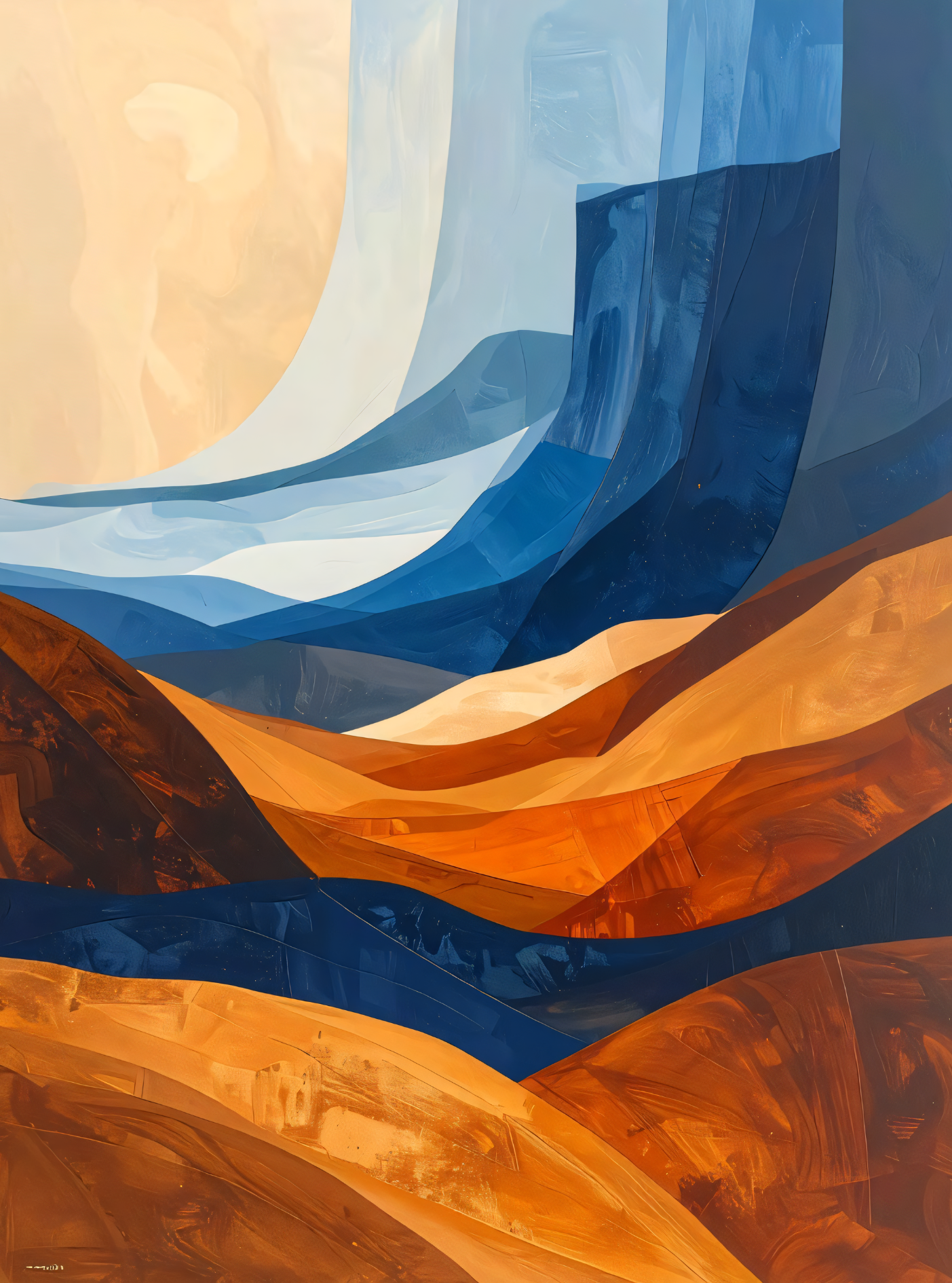 Abstract Mountain Landscape Canvas Print Set of 2 - Ochre & Cobalt Blue Canyon Wall Decor