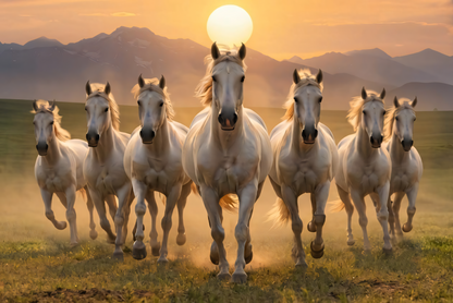 7 White Horses Running Canvas Print - Vastu Seven Stallions Sunrise Mountain Wall Art