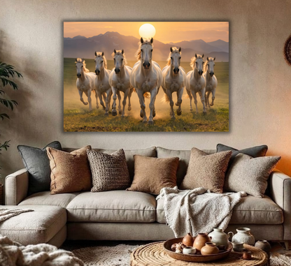 7 White Horses Running Canvas Print - Vastu Seven Stallions Sunrise Mountain Wall Art