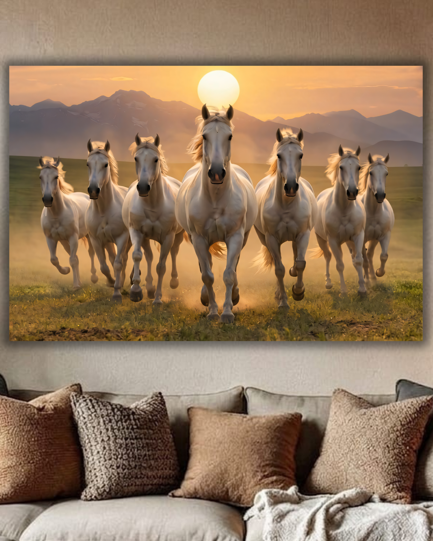 7 White Horses Running Canvas Print - Vastu Seven Stallions Sunrise Mountain Wall Art