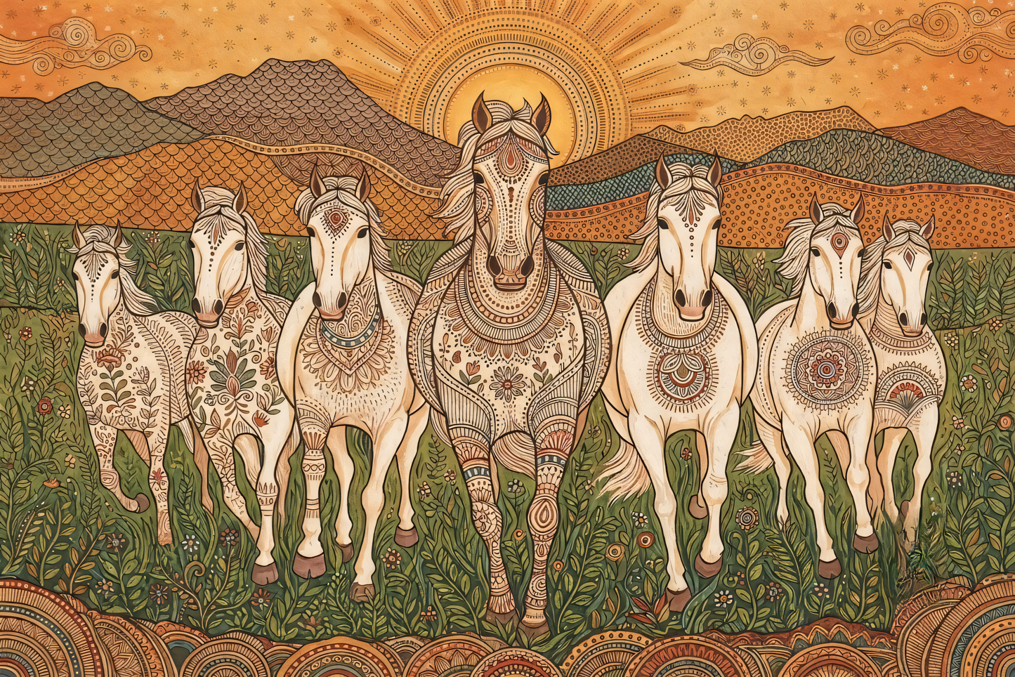 7 White Horses Folk Art Canvas Print - Ornamental Paisley Vastu Stallions Wall Decor