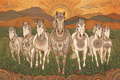 7 White Horses Folk Art Canvas Print - Ornamental Paisley Vastu Stallions Wall Decor