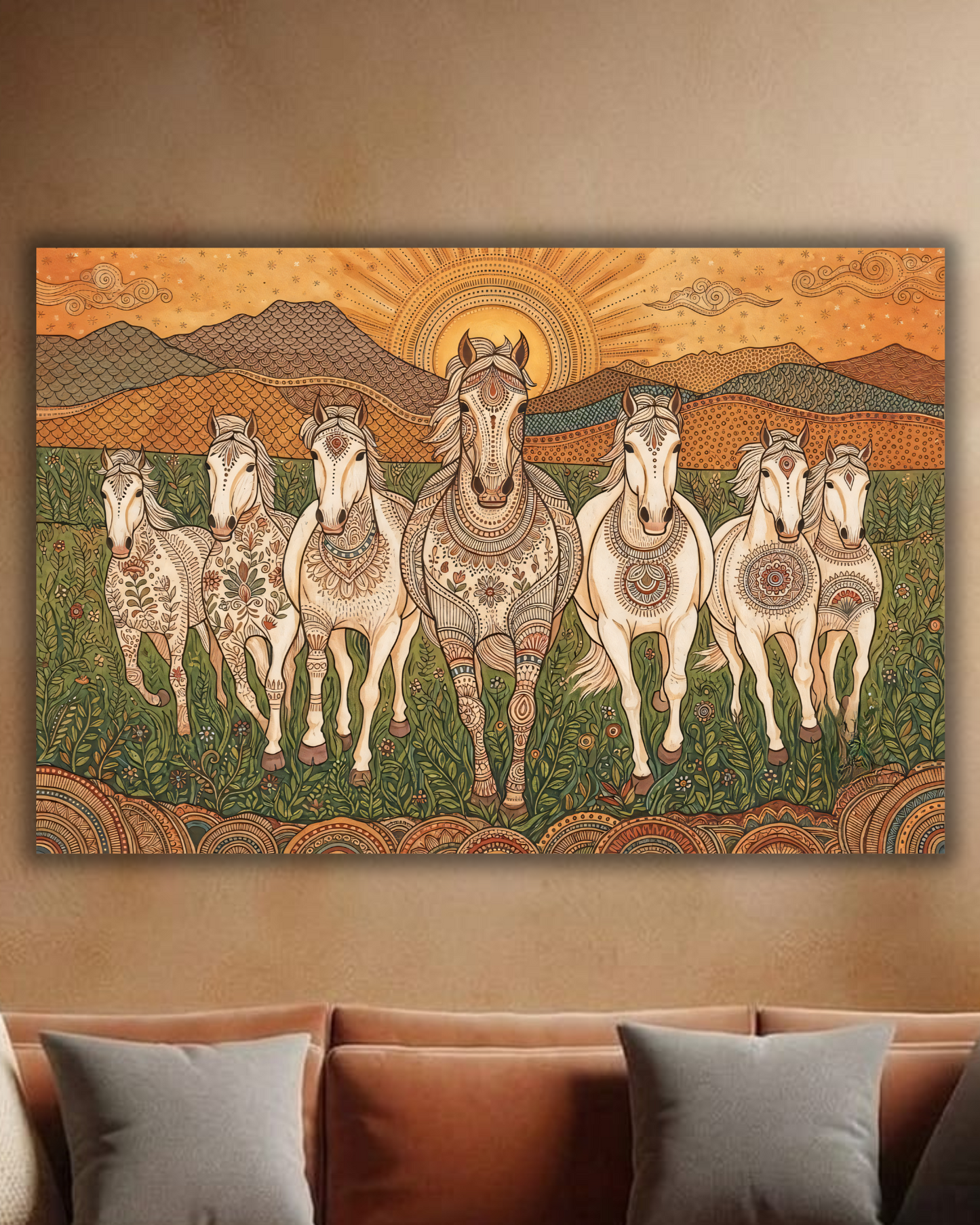 7 White Horses Folk Art Canvas Print - Ornamental Paisley Vastu Stallions Wall Decor
