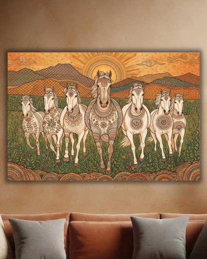 7 White Horses Folk Art Canvas Print - Ornamental Paisley Vastu Stallions Wall Decor