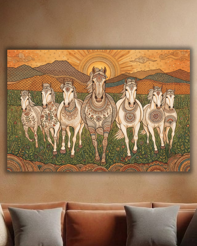 7 White Horses Folk Art Canvas Print - Ornamental Paisley Vastu Stallions Wall Decor
