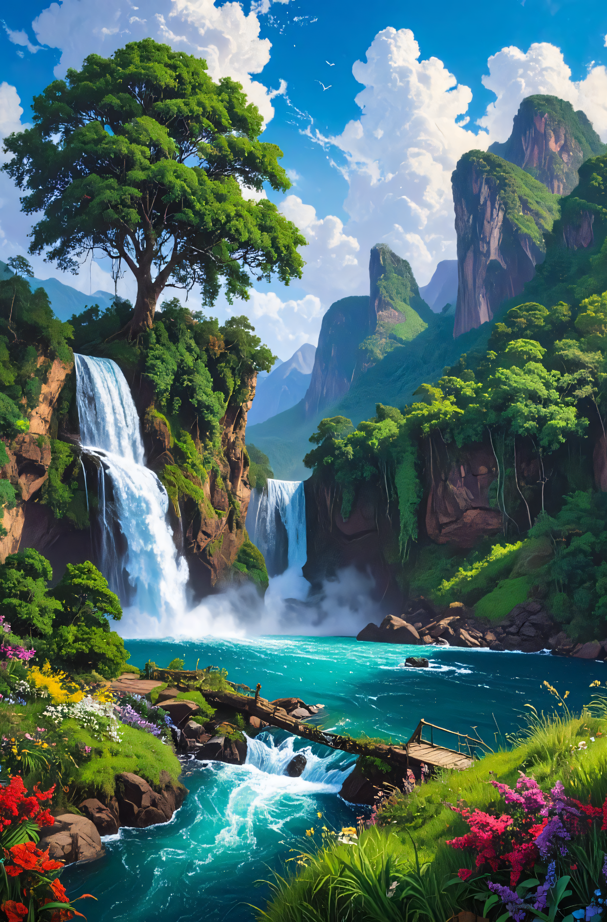 Lush Tropical Waterfall Canvas Print - Mountain Oasis & Turquoise River Landscape Wall Art