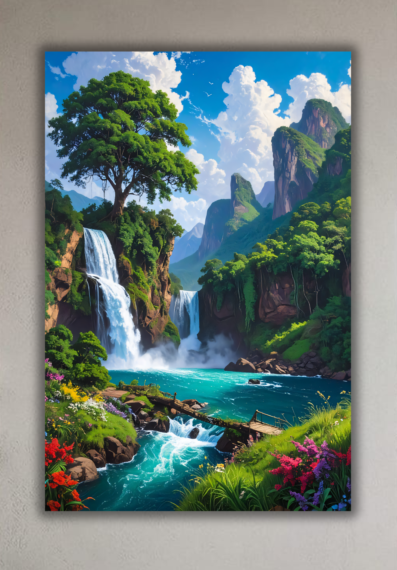 Lush Tropical Waterfall Canvas Print - Mountain Oasis & Turquoise River Landscape Wall Art
