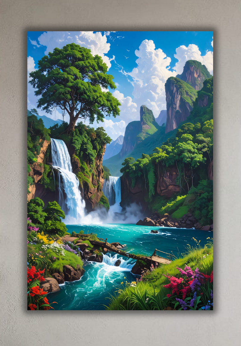 Lush Tropical Waterfall Canvas Print - Mountain Oasis & Turquoise River Landscape Wall Art