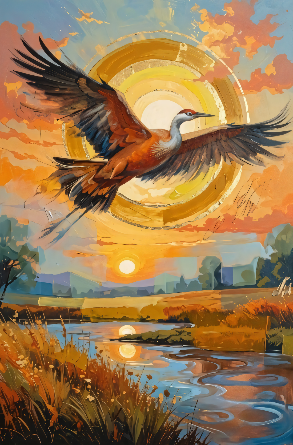 Soaring Crane Sunset Canvas Print - Golden Celestial Sun & River Wildlife Wall Art