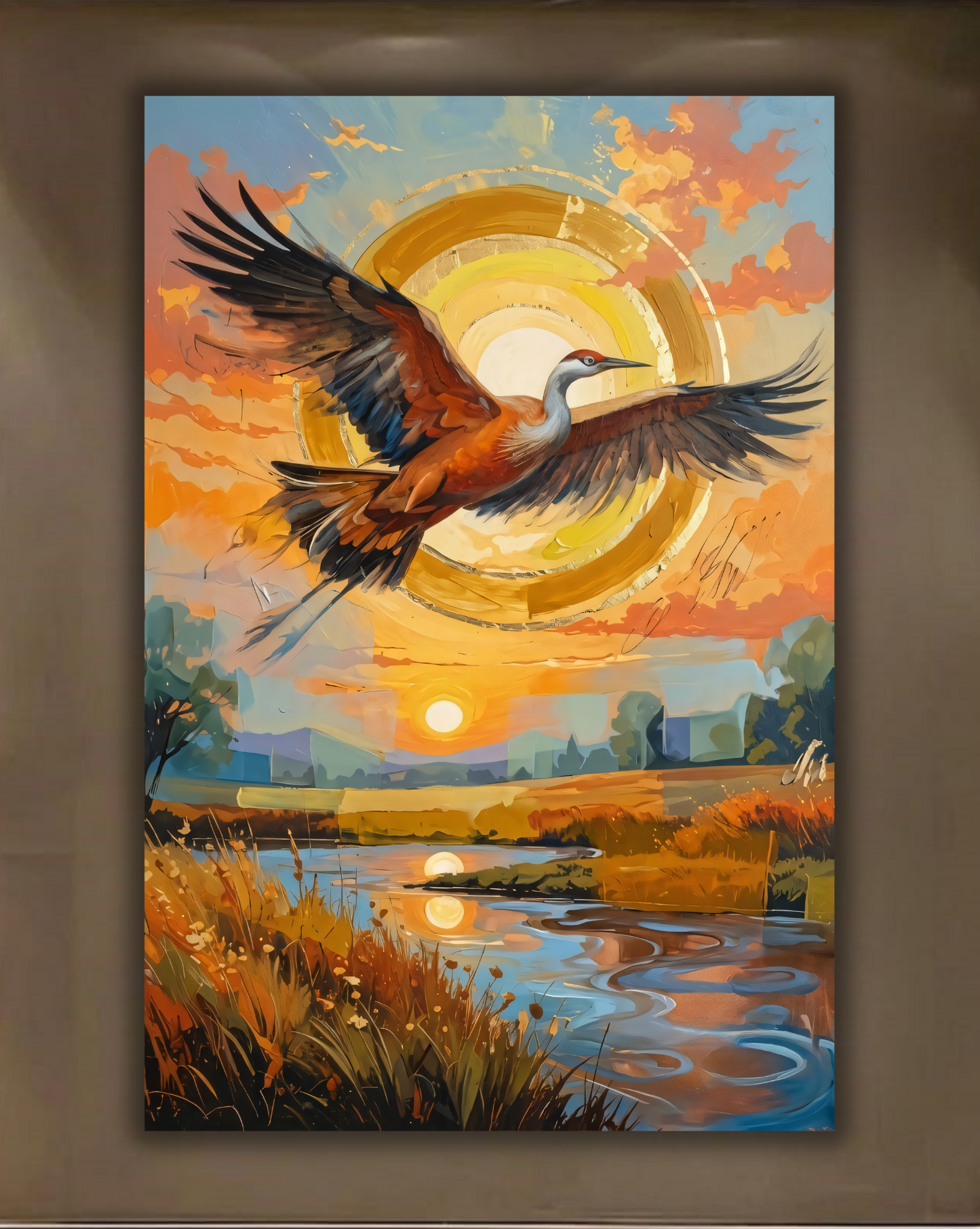 Soaring Crane Sunset Canvas Print - Golden Celestial Sun & River Wildlife Wall Art