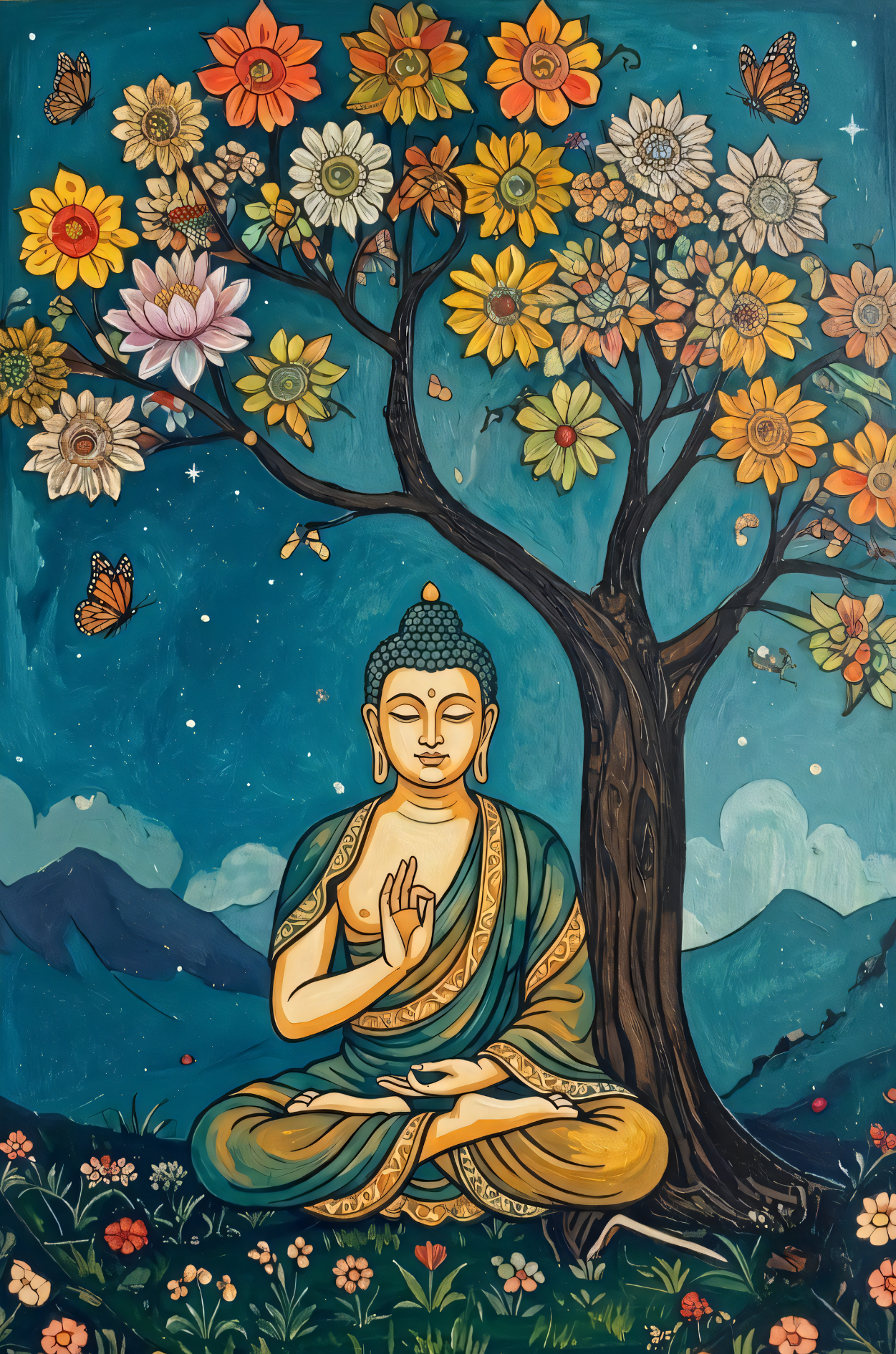 Meditating Buddha Under Floral Tree Canvas Print - Teal & Gold Spiritual Wall Decor