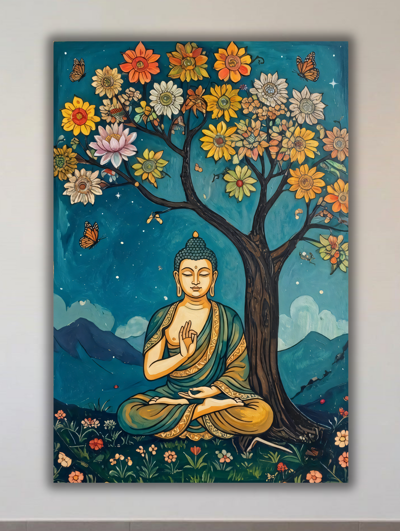 Meditating Buddha Under Floral Tree Canvas Print - Teal & Gold Spiritual Wall Decor