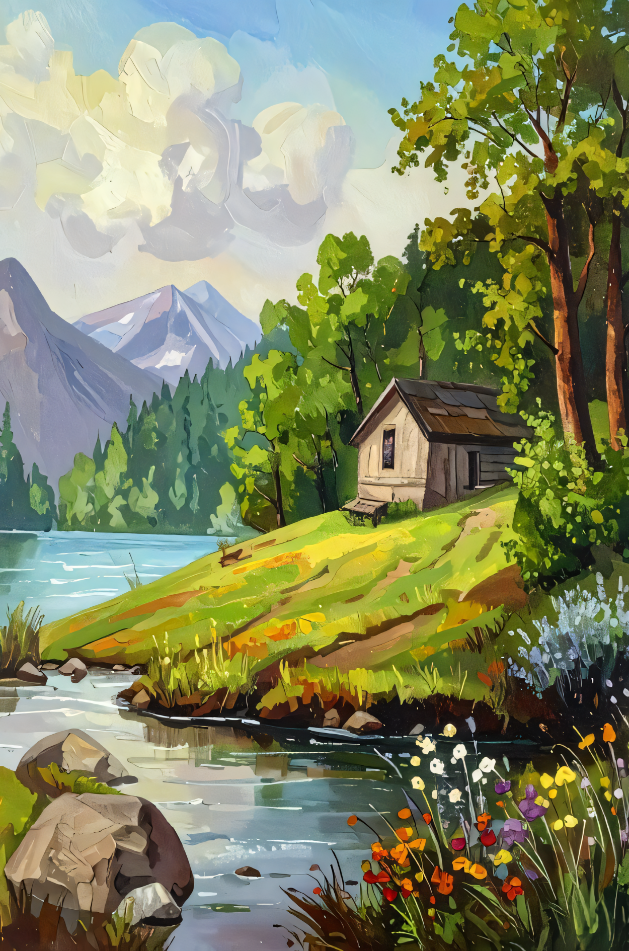 Mountain Lakeside Cabin Canvas Print - Impasto Landscape & Wildflower Stream Wall Decor