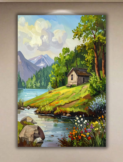 Mountain Lakeside Cabin Canvas Print - Impasto Landscape & Wildflower Stream Wall Decor