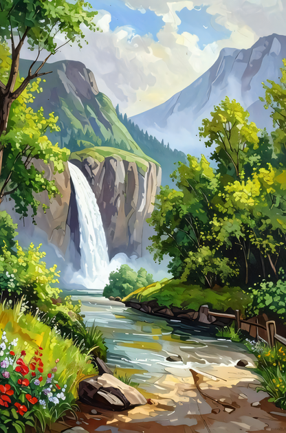 Majestic Mountain Waterfall Canvas Print - Alpine Valley & River Landscape Wall Art