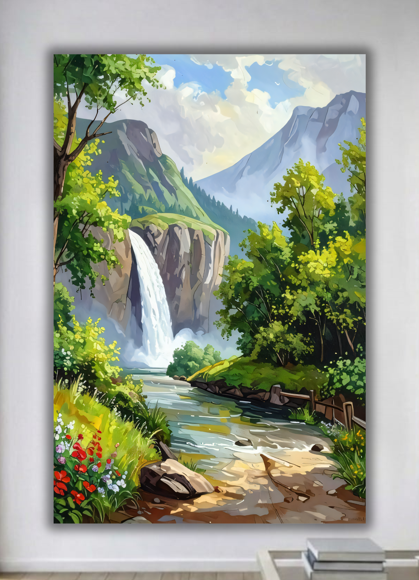 Majestic Mountain Waterfall Canvas Print - Alpine Valley & River Landscape Wall Art