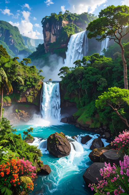 Tropical Tiered Waterfall Canvas Print - Rainforest Paradise & Turquoise Pool Wall Decor
