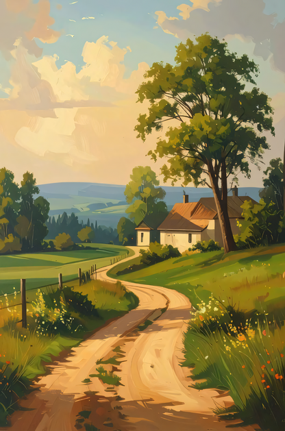 Country Dirt Road Farmhouse Canvas Print - Sunlit Rural Landscape & Meadow Wall Decor