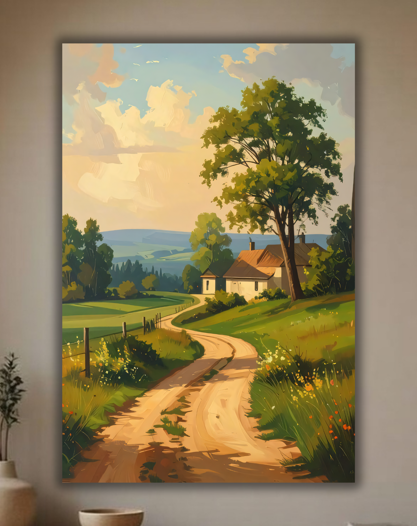 Country Dirt Road Farmhouse Canvas Print - Sunlit Rural Landscape & Meadow Wall Decor