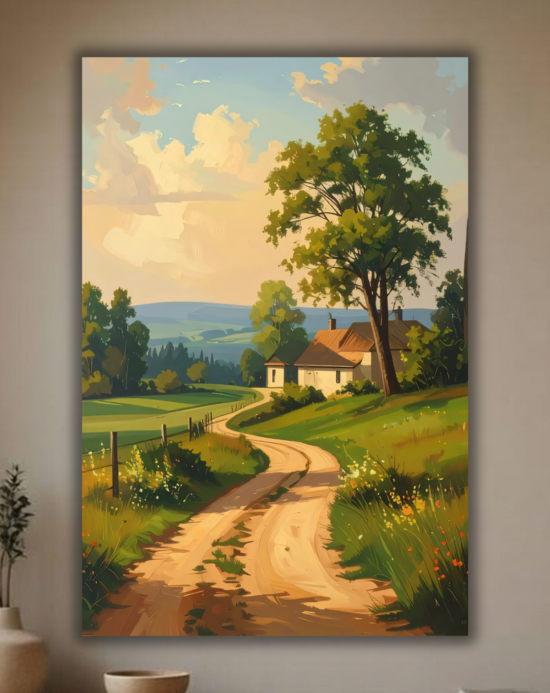 Country Dirt Road Farmhouse Canvas Print - Sunlit Rural Landscape & Meadow Wall Decor