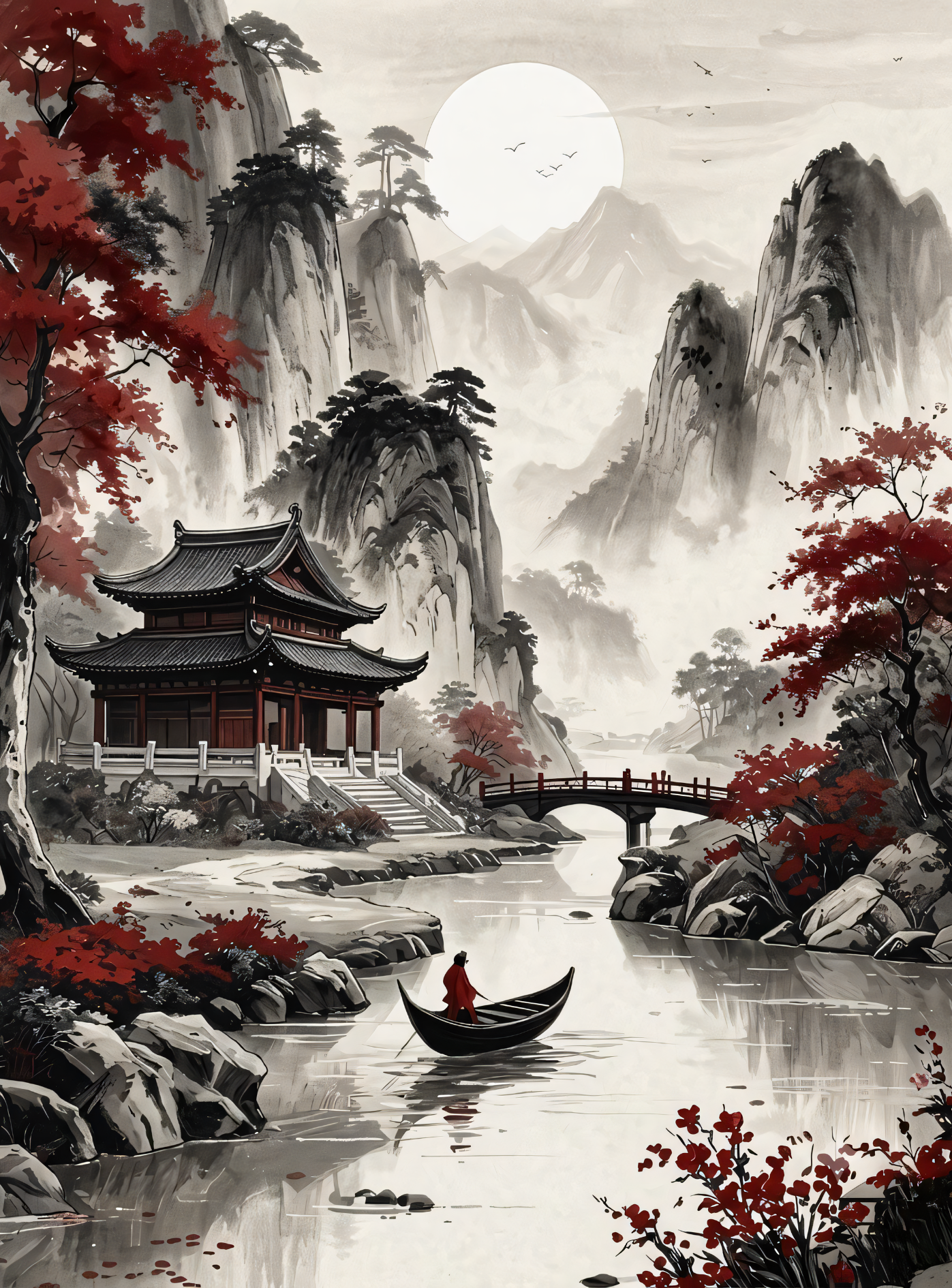 Traditional East Asian Pagoda Canvas Print - Red Maple & Ink Mountain Landscape Wall Art