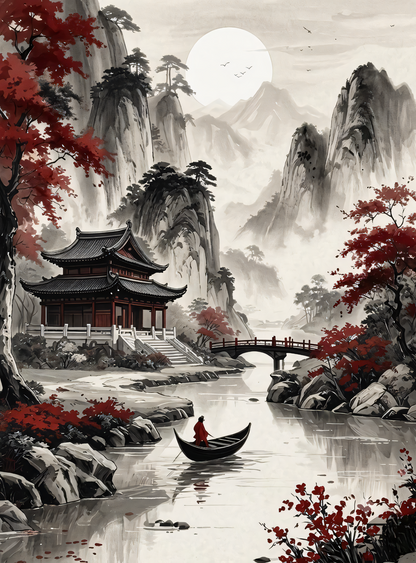Traditional East Asian Pagoda Canvas Print - Red Maple & Ink Mountain Landscape Wall Art
