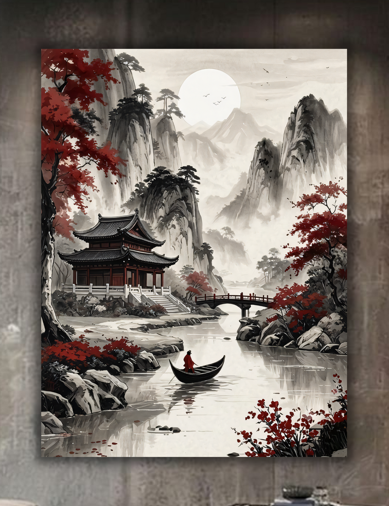 Traditional East Asian Pagoda Canvas Print - Red Maple & Ink Mountain Landscape Wall Art
