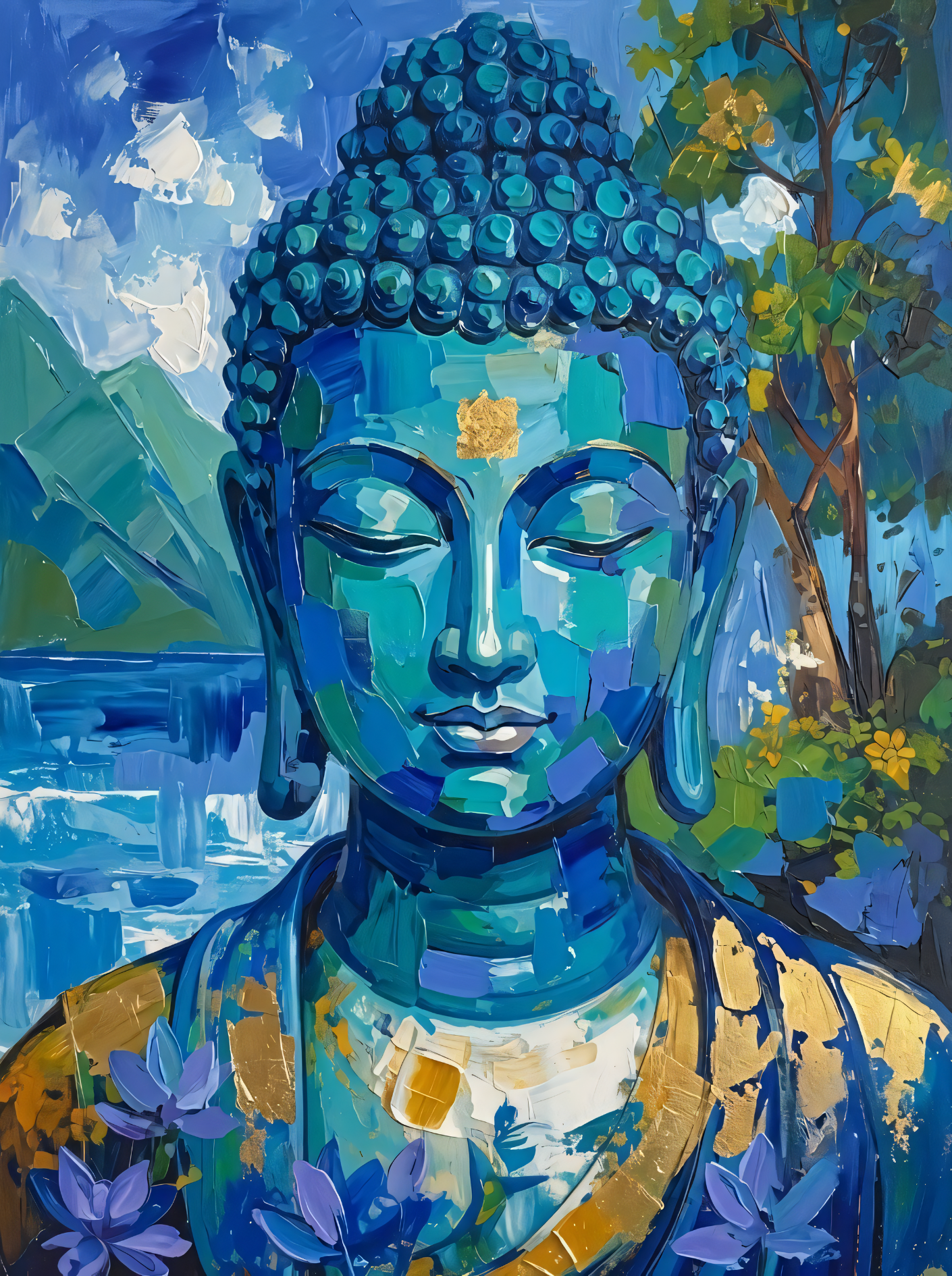 Meditating Blue Buddha Canvas Print - Impasto Gold Leaf Spiritual Wall Decor