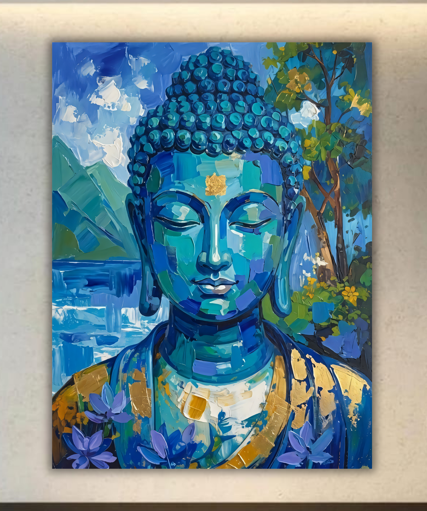 Meditating Blue Buddha Canvas Print - Impasto Gold Leaf Spiritual Wall Decor
