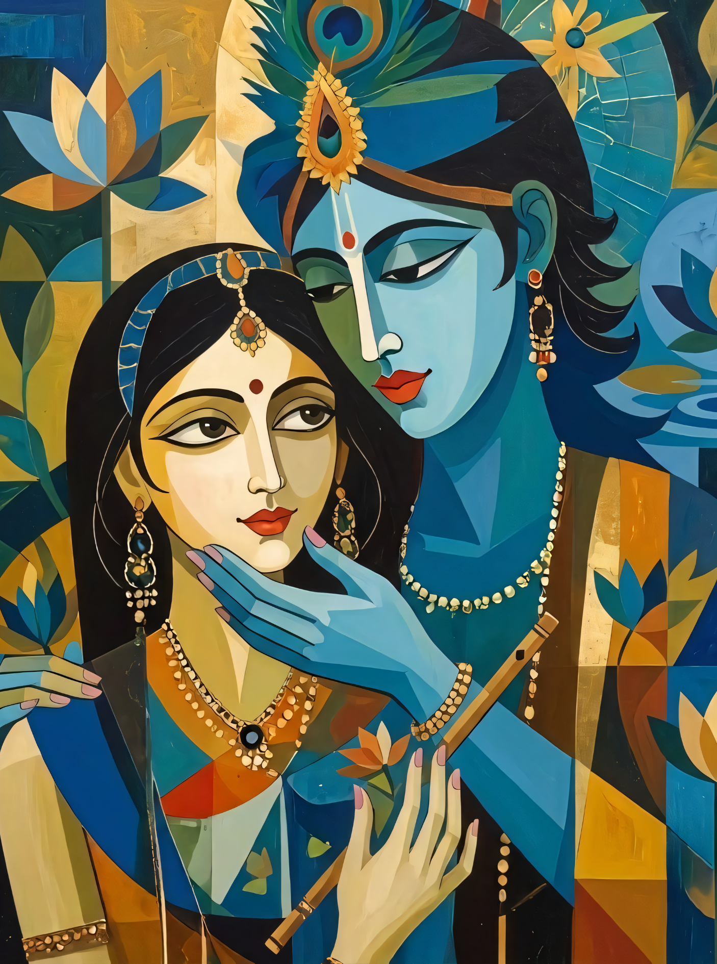 Radha Krishna Modern Canvas Print - Cubist Geometric Divine Love Wall Art