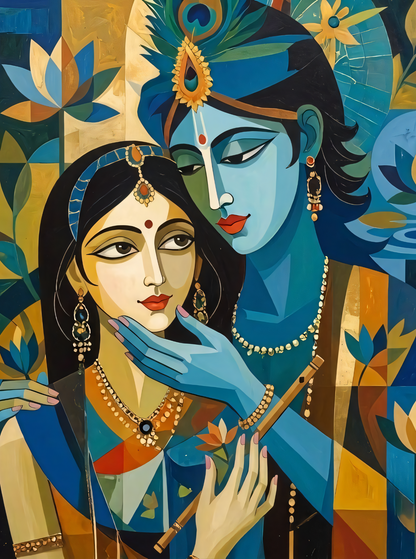 Radha Krishna Modern Canvas Print - Cubist Geometric Divine Love Wall Art