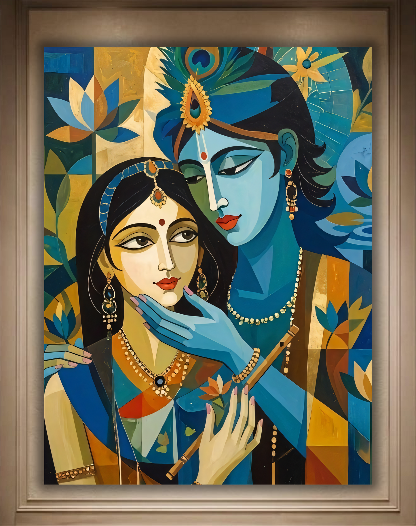 Radha Krishna Modern Canvas Print - Cubist Geometric Divine Love Wall Art