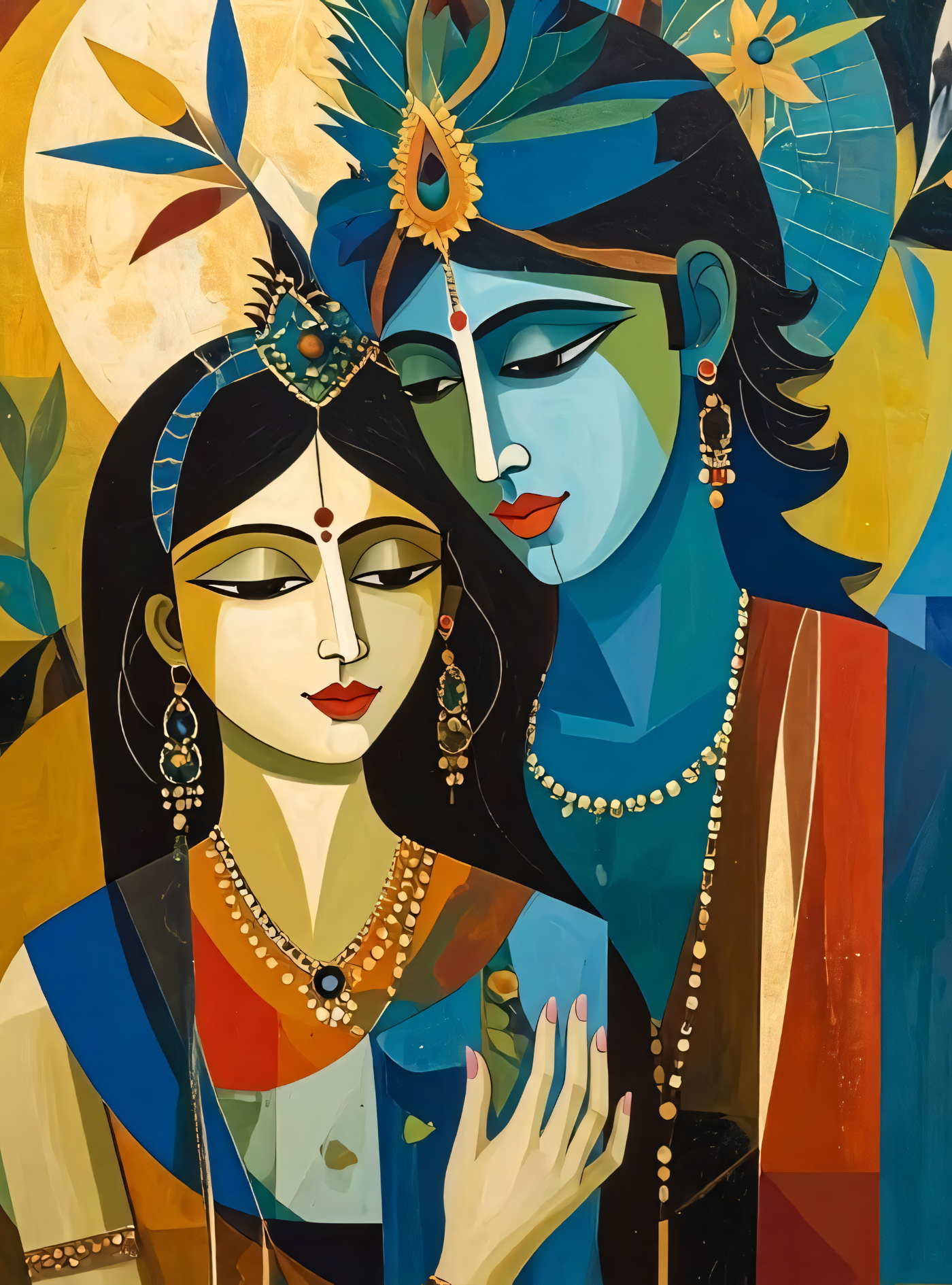 Radha Krishna Cubist Canvas Print - Modern Abstract Divine Love Wall Art