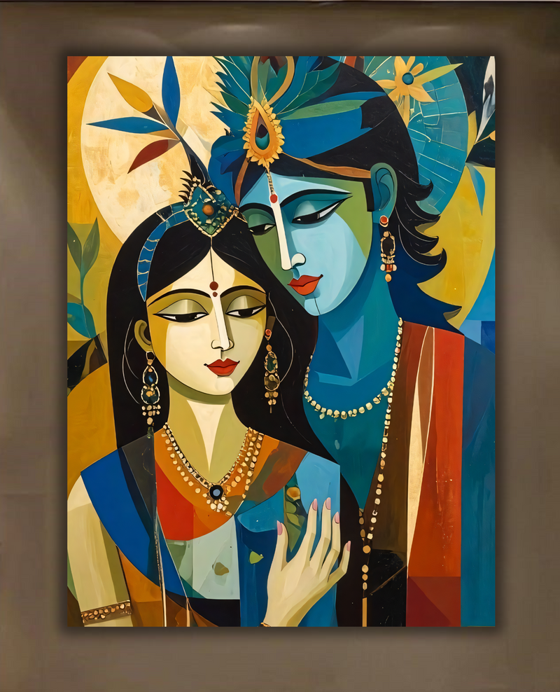 Radha Krishna Cubist Canvas Print - Modern Abstract Divine Love Wall Art